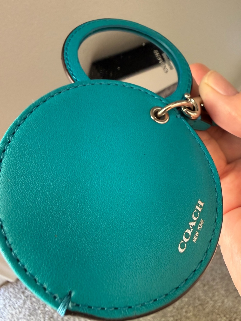 COACH Teal Round Leather Compact Mirror BAG CHARM NWOT